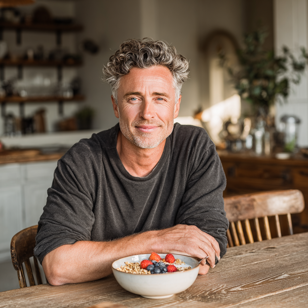A confident man in his early 50s with salt-and-pepper hair enjoying a nutritious breakfast bowl with fresh berries and granola at a sunny kitchen table, looking content and energized