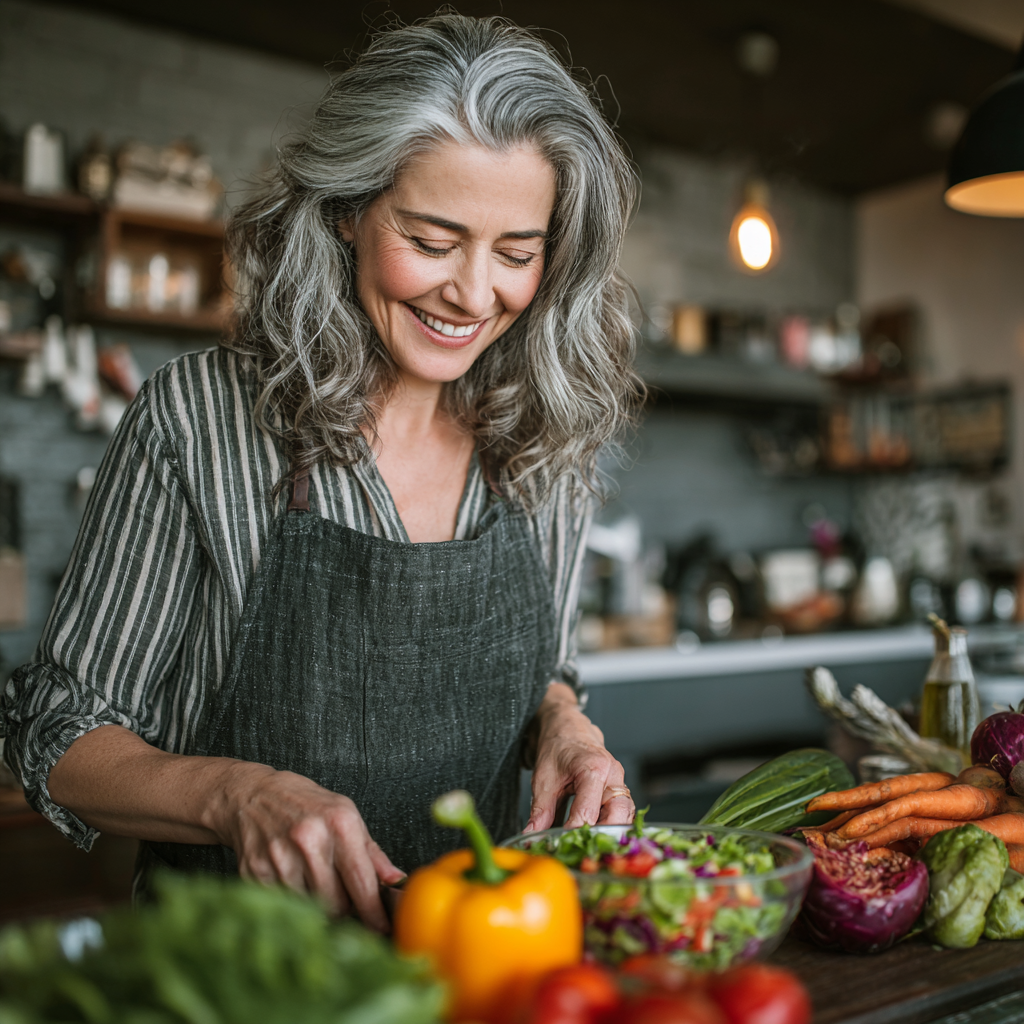 A woman in her late 40s with gray-streaked hair smiling warmly while preparing a colorful healthy salad in a modern bright kitchen, surrounded by fresh vegetables and fruits on the counter